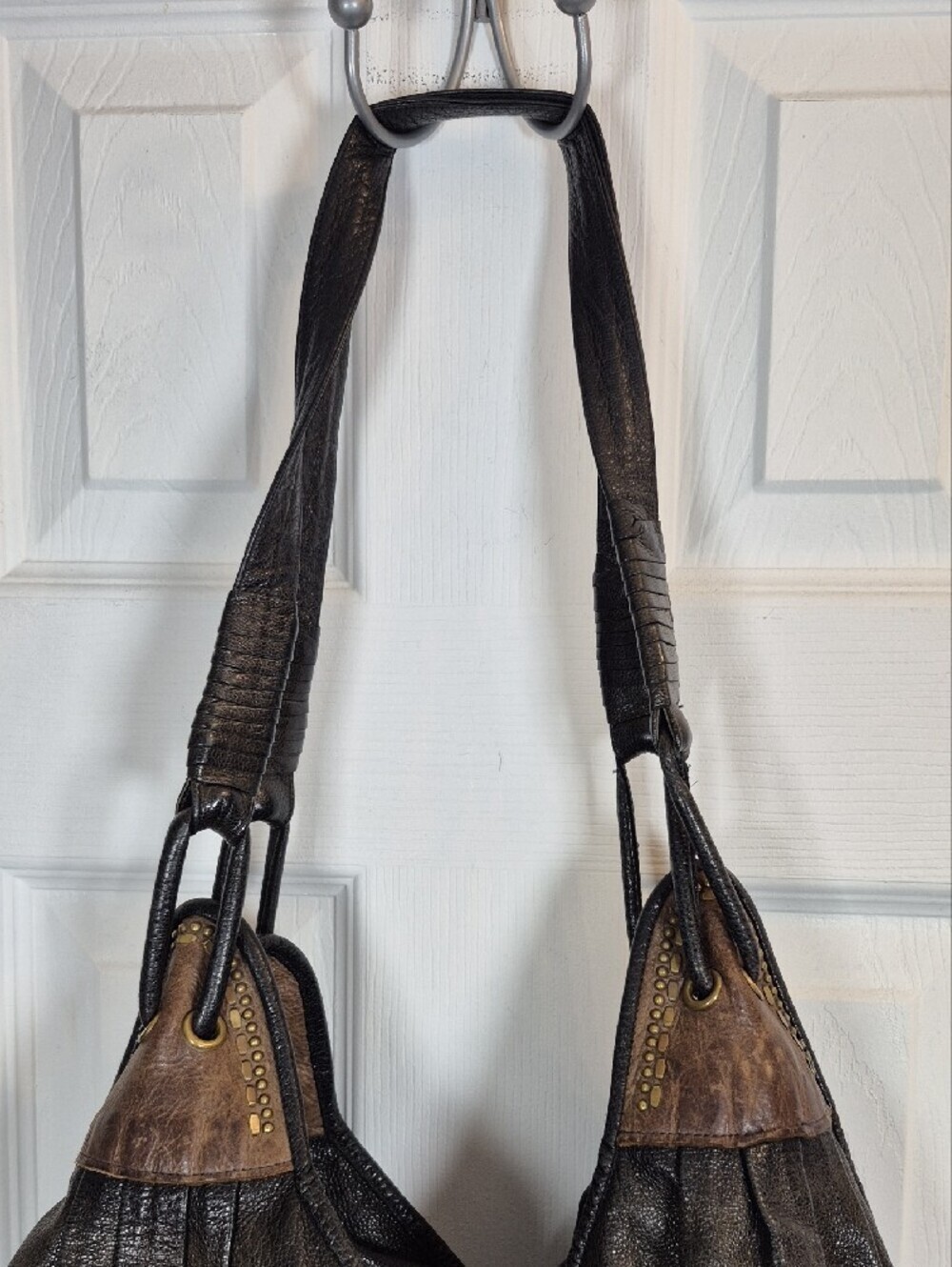 Calleen Cordero Studded Leather Hobo Bag Slouchy Boho Shoulder Purse Black Brown - Picture 4 of 11